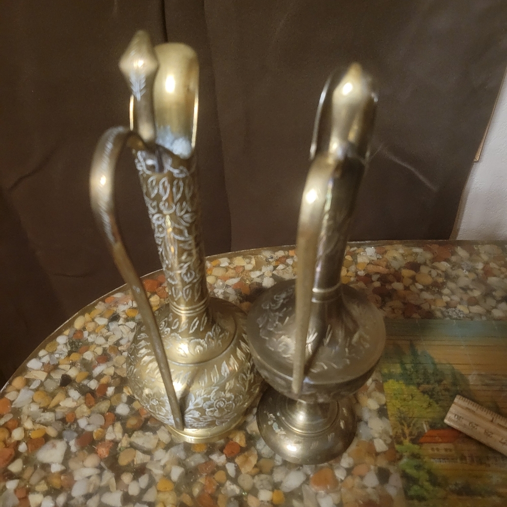 2 Vintage Engraved Brass‎ Pitcher Cruet Vase world gift 10" MCM India tea pot - Picture 9 of 13